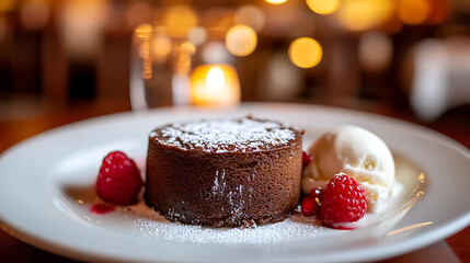 Decadent Chocolate Lava Cake with Vanilla Ice Cream and Raspberries