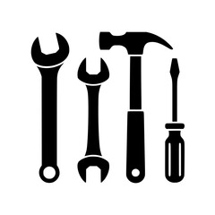 Silhouette of essential hand tools including hammer, wrenches, and screwdriver