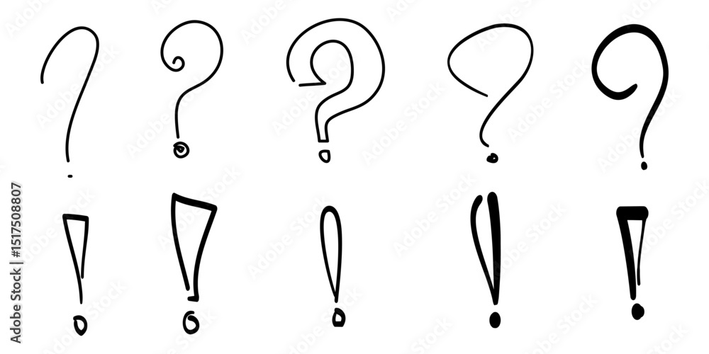 Poster set of hand drawn question marks and exclamation point. doodle questions marks. isolated on black an