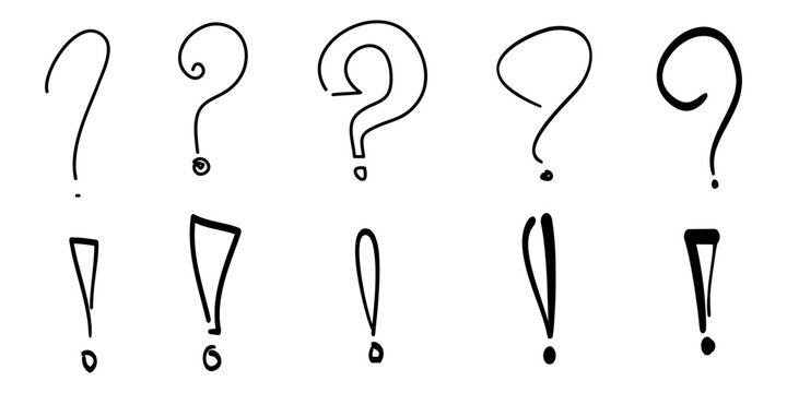 Set of hand drawn question marks and exclamation point. doodle questions marks. isolated on black and white. vector illustration