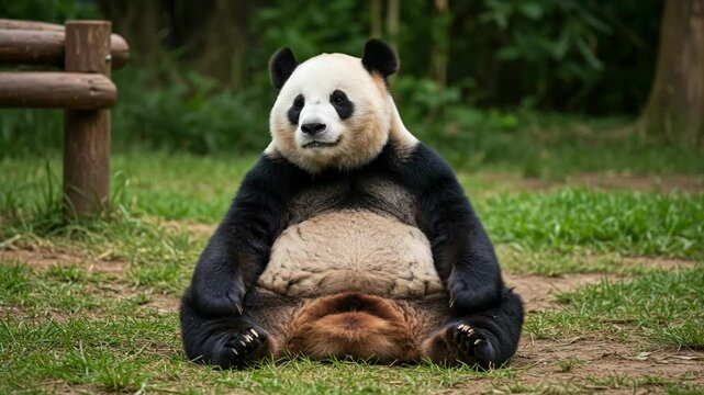 Giant panda sitting relaxed on grass with legs spread in zoo enclosure. Wildlife conservation and endangered species protection. Educational nature content and animal sanctuary tourism