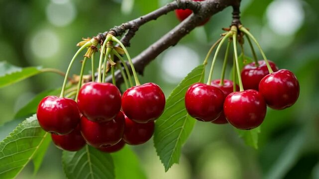 Red ripe cherries hanging on tree branch with green leaves in orchard. Summer fruit harvest and agricultural produce. Organic farming and healthy nutrition content
