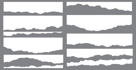 White realistic torn or ripped paper strip collection with grunge edges. Rips paper texture vector art background