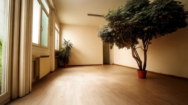 Spacious, light filled room featuring a large plant in a terracotta pot and a smaller plant next to sunlit windows, creating a serene and empty atmosphere.