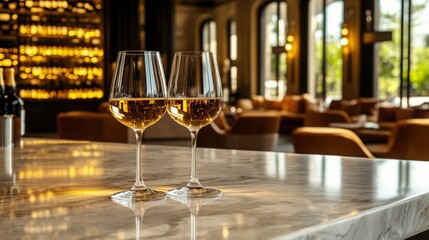 Elegant wine glasses reflecting luxury in an upscale lounge with soft ambient light and marble