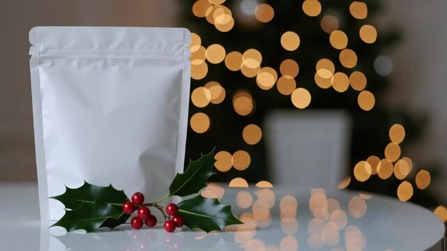 White pouch festive display with holly berry, bokeh holiday lights and tree in background, elegant holiday packaging