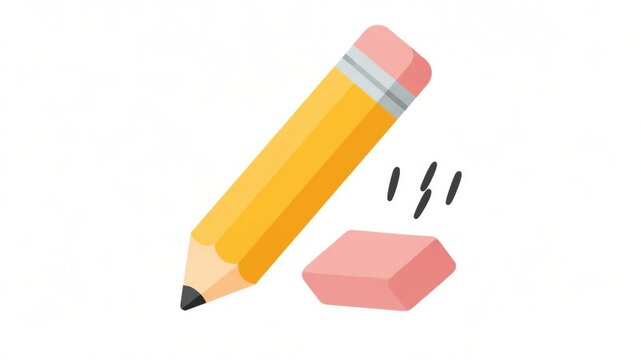 A yellow pencil and a pink eraser on a white background. Ideal for back-to-school themes and educational materials.