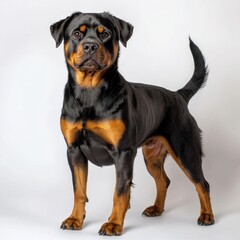 Fototapeta premium Rottweiler Dog Standing on White Background Showing Confidence and Alertness with Muscular Build and Expressive Eyes Perfect for Pet and Animal Photography