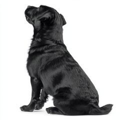 Obraz premium Adorable black Labrador Retriever puppy sitting on a plain white background with a calm and attentive posture, showcasing glossy fur and a cute, well-behaved demeanor