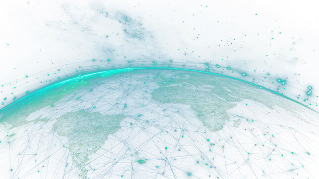 Fototapeta PNG Digital globe with glowing green continents at the bottom of the image space technology futuristic.