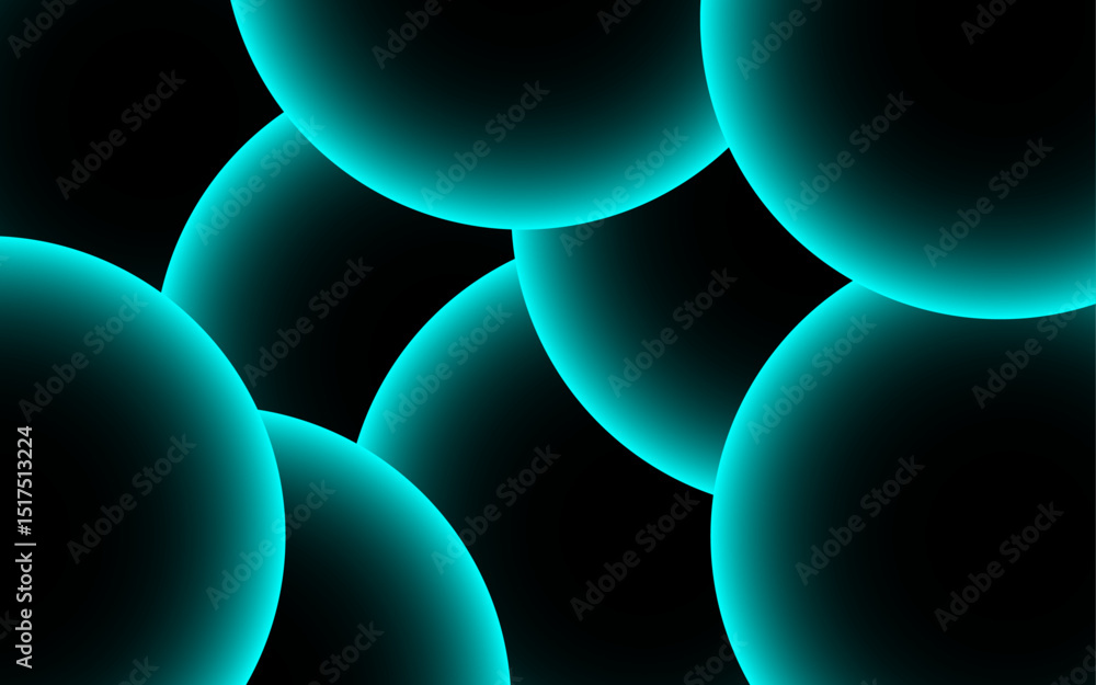 Poster Abstract digital artwork with concentric circular arcs with soft teal glow against a deep black background. Rhythmic and geometric pattern with futuristic and luminous appearance.