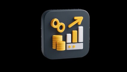 3D icon of dark gray square with yellow financial elements