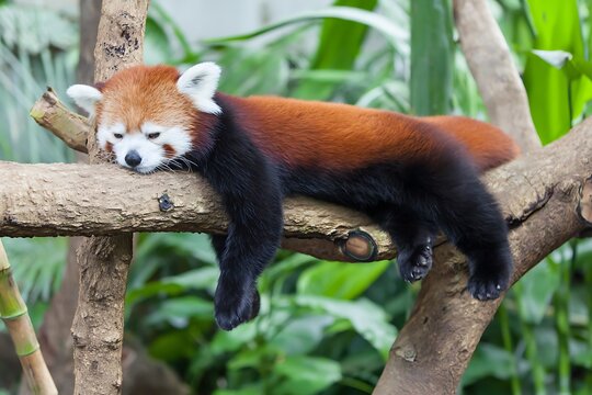 Red panda resting on tree branch - Powered by Adobe