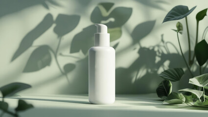 Minimalist White Cosmetic Bottle with Natural Green Leaf Shadows, Skincare Mockup