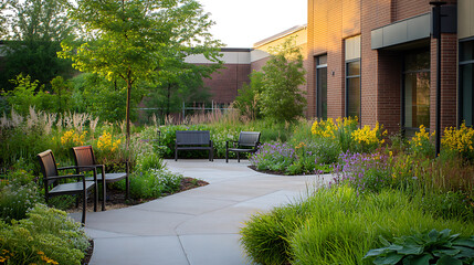 Obraz premium Serenity Garden with Benches and Vibrant Plant Life Near a Brick Building