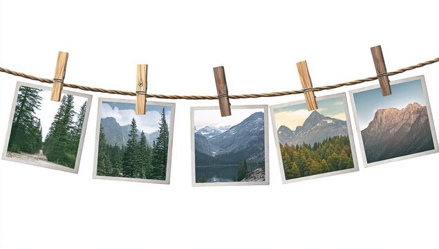 Five photos of landscapes, hanging on a clothesline