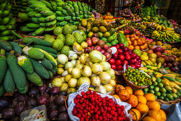 Beautiful view of a stunning assortment of fresh, exotic fruits at the Mercado dos Lavradores...