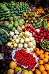 Beautiful view of a stunning assortment of fresh, exotic fruits at the Mercado dos Lavradores (farmers' market) in Funchal, Madeira, Portugal
