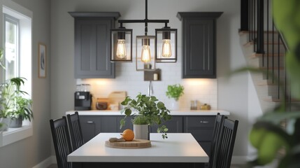 Fototapeta premium Modern kitchen area with pendant lighting and plants.