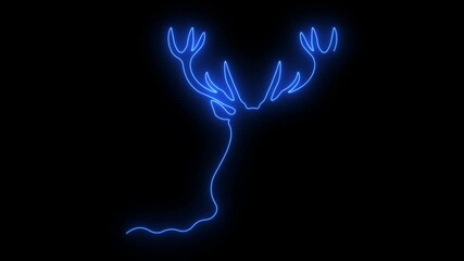 abstract deer head with horns, Self drawing animation one continuous line draw, logo. Blazing  flame, energy, fire on black background.neon blue luminous sign - Powered by Adobe
