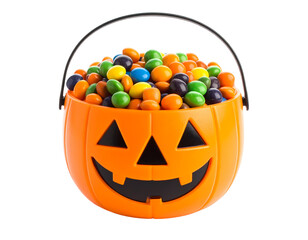 A pumpkin-shaped candy bucket in transparent background overflowing with colorful candies for Halloween. Perfect clip art for halloween theme.