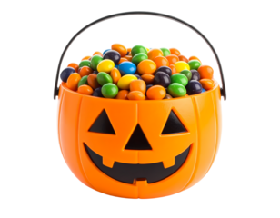 A pumpkin-shaped candy bucket in transparent background overflowing with colorful candies for Halloween. Perfect clip art for halloween theme.
