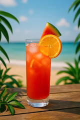 A glass of watermelon and orange juice on a wooden table.