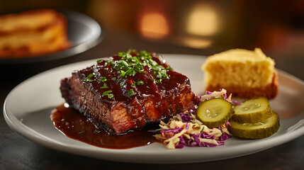 Succulent BBQ Ribs with Pickles, Coleslaw, and Cornbread on a Plate