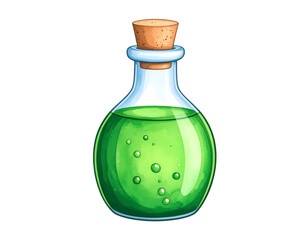 A green potion bottle with bubbling contents in transparent background. A whimsical illustration of a glass bottle with a cork, containing a bubbling green liquid. Perfect clip art for halloween theme