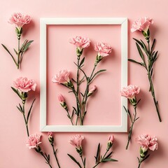 Pink carnation flowers arranged with a white square frame on a pastel pink background, creating a soft and elegant floral still life composition
