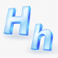 3D letter H, made of clear glass, consists of uppercase and lowercase letters, isolated on a background. Used as a teaching aid for children. Vector illustration.
