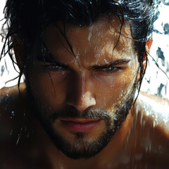 Intense portrait of a determined wet man glaring intensely showcasing on transparent background
