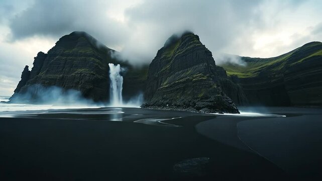 Mystical Waterfall Vista: A breathtaking landscape featuring twin, towering rock formations framing a majestic waterfall cascading into a tranquil expanse, an idyllic vista.