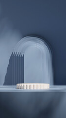 in portrait arch backdrop, 3d image render empty mockup blue color curved cylinder podium