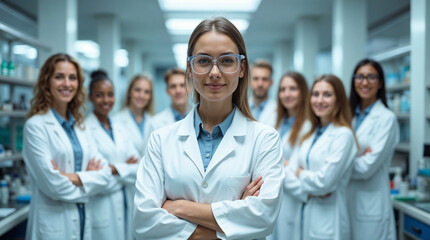 Fototapeta premium A confident young female scientist stands at the forefront of a professional research team in a modern laboratory.