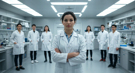 Fototapeta premium A confident young female scientist stands at the forefront of a professional research team in a modern laboratory.