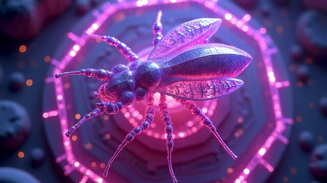 Futuristic translucent insect hovering above a glowing geometric structure with vibrant purple lights