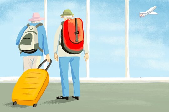 An older couple with backpacks and a suitcase at the airport