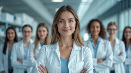 Fototapeta premium A confident young female scientist stands at the forefront of a professional research team in a modern laboratory.