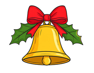 Christmas golden bell with red ribbon and holly leaves in transparent background. Perfect clip art for christmas theme.