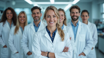 Fototapeta premium A confident young female scientist stands at the forefront of a professional research team in a modern laboratory.