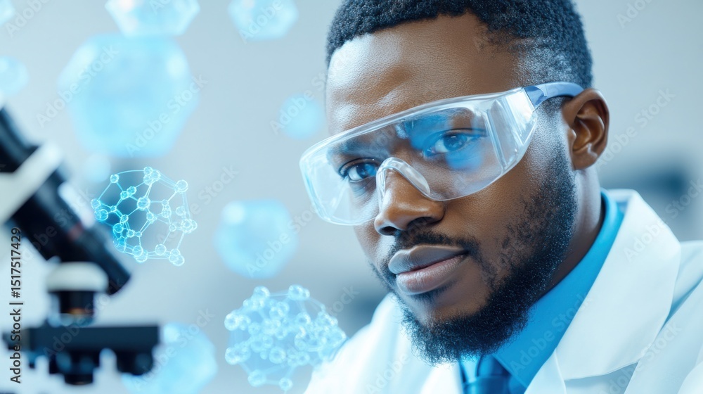 Poster focused scientist analyzing samples with microscope and molecules