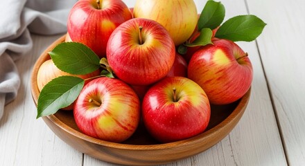A close-up of attractive red-blushed apples and green leaves in a wooden bowl, perfect for healthy eating visuals.

