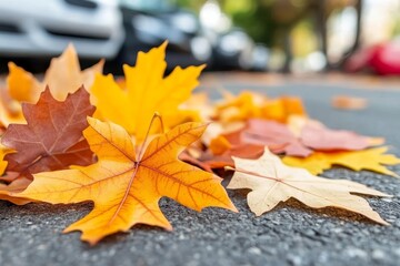 Colorful autumn leaves scattered on city street during fall season