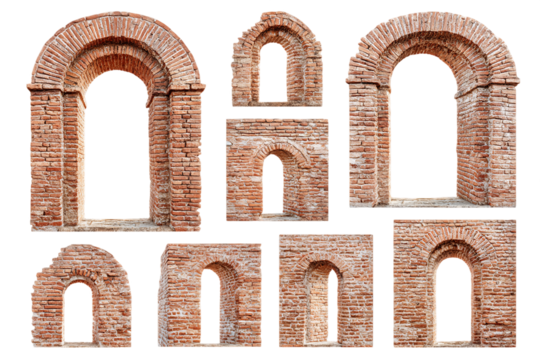Red Brick Arches Collection on Transparent Background, PNG