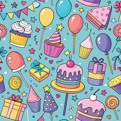 Fun hand drawn party seamless background with cakes, gift boxes, balloons and party decoration. Great for birthday parties, textiles, banners, wallpapers, wrapping - vector design