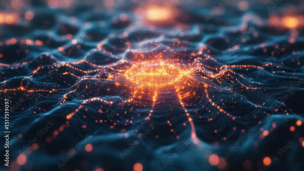 Poster digital network: an abstract representation of interconnected nodes and data pathways illuminates wi