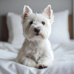 Adorable West Highland White Terrier puppy sitting on bed with fluffy white fur and curious expression in cozy home interior with neutral background