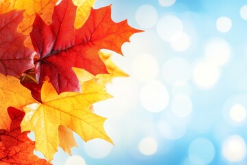 Vibrant autumn leaves in shades of red and yellow against a soft blue background