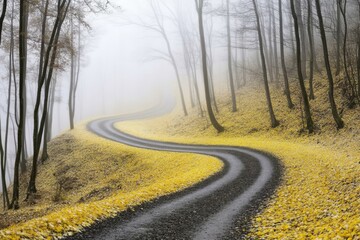 Winding road through a foggy forest with autumn leaves covering the ground